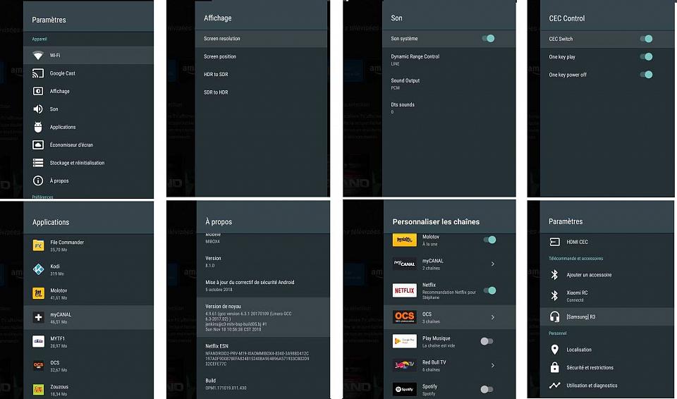 Les différents écran de réglages de la MI BOX S