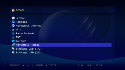Le menu principal en mode liste