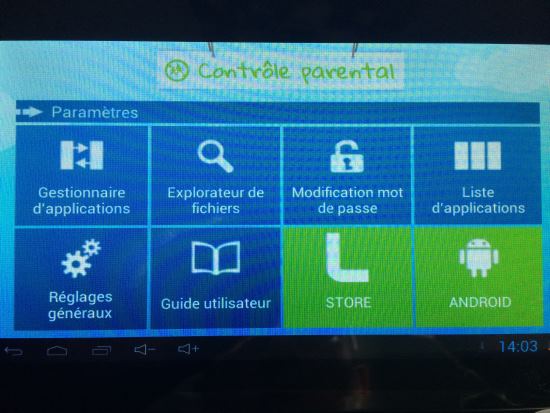 Le menu parental avec raccourcis vers le lanceur Android Standard