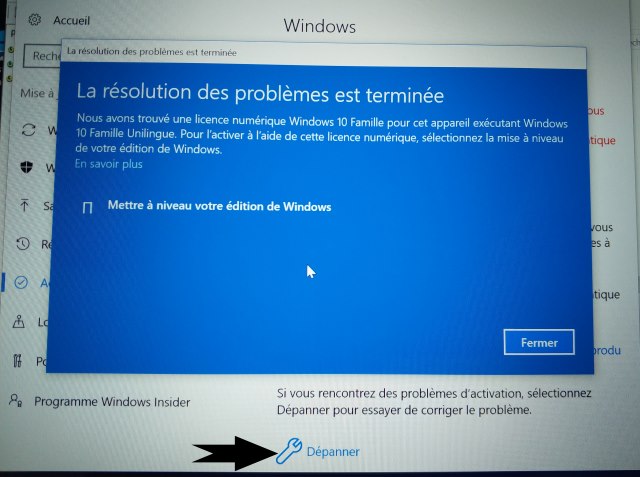Appuyez sur le bouton DEPANNER pour activer votre Windows