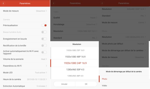 Xiaomi YI, les réglages sont complets