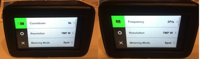 L'interface de réglage varie selon les modes (Intervalle et mode rafale ici)