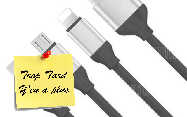 Câble smartphone 3 en 1 Lightning, USB-C et micro USB à 1€81