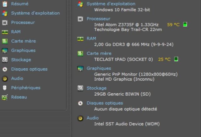 Détail de la configuration de la Teclast X80HD