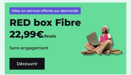 22,99€ par mois la Fibre RED Box, débit 1GBit/s, appels vers les fixes/mobiles illlimités, frais de mise en service offert (sans engagement)