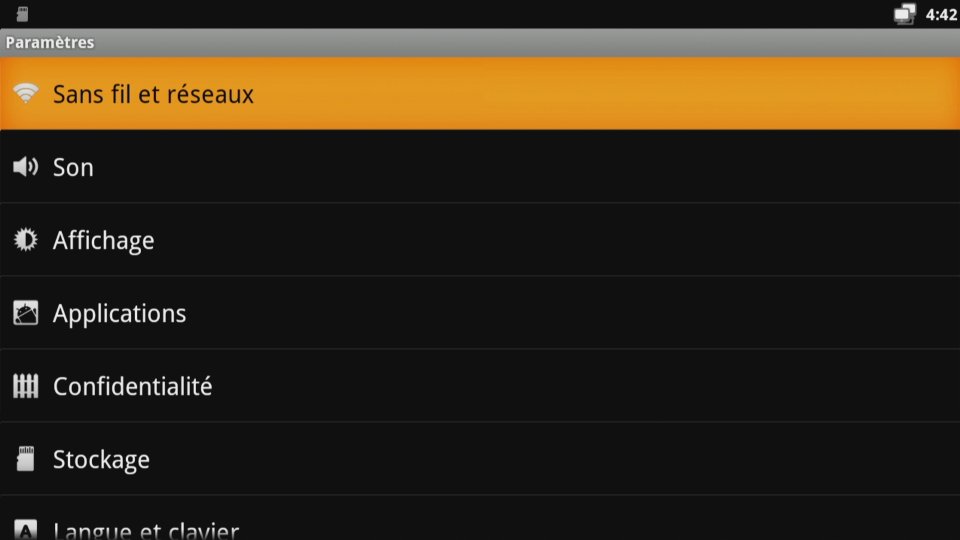 Tizzbird F30, le menu de réglage Android